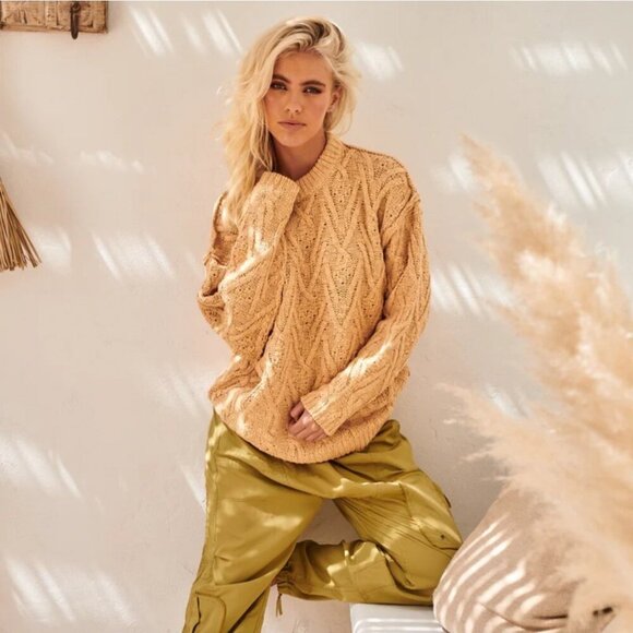 Free People Isla Cable Tunic Sweater Womens Large Camel Color Oversized - Picture 2 of 9